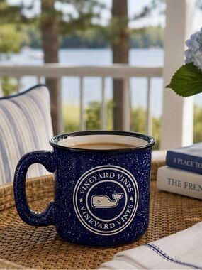 Vineyard Vines Navy Speckle Ceramic Camp Mug with Etched Whale Logo